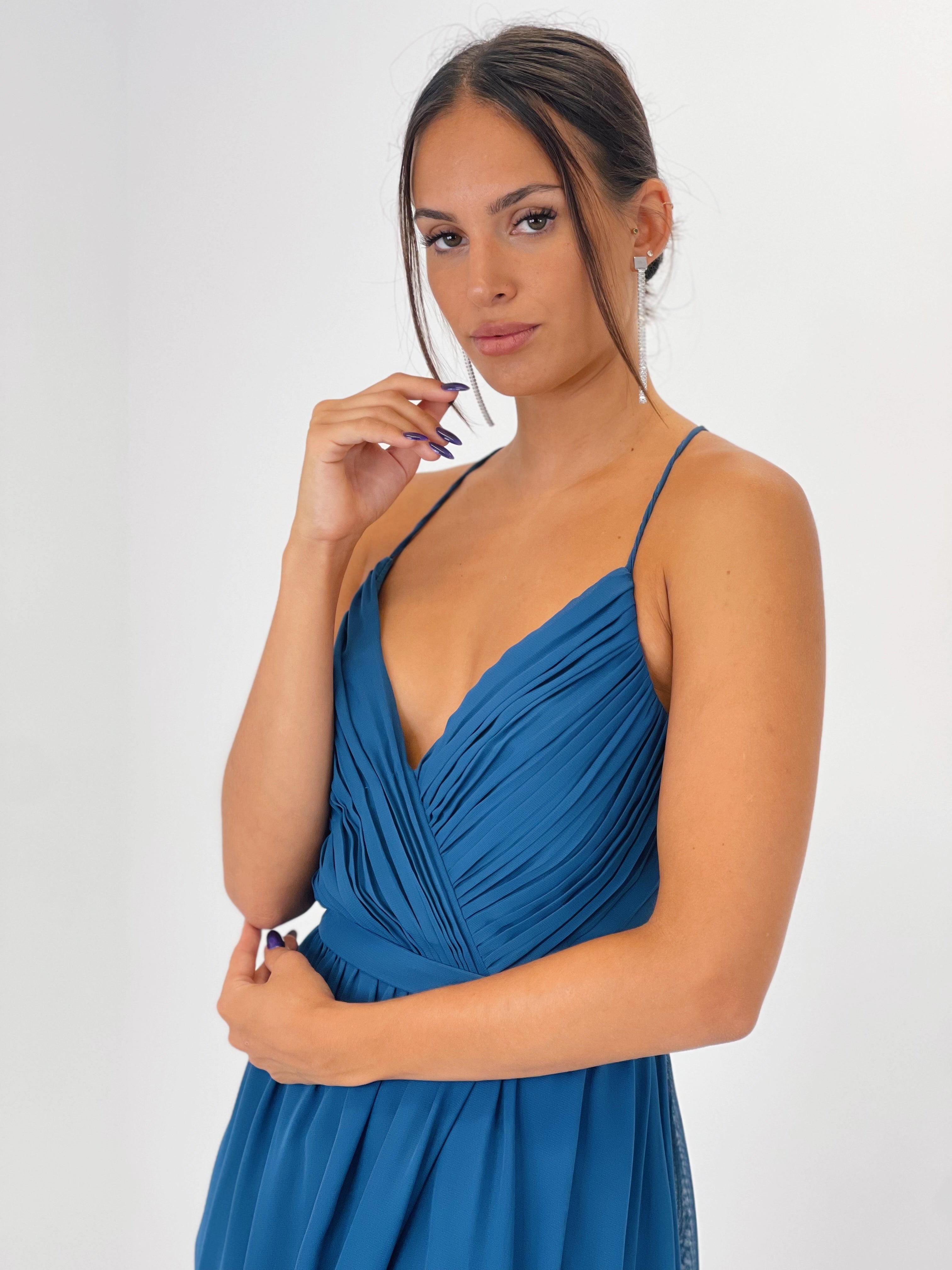 Vestido de ceremonia con escote cruzado y espalda cruzada petroleo | Zebra&Maduixa