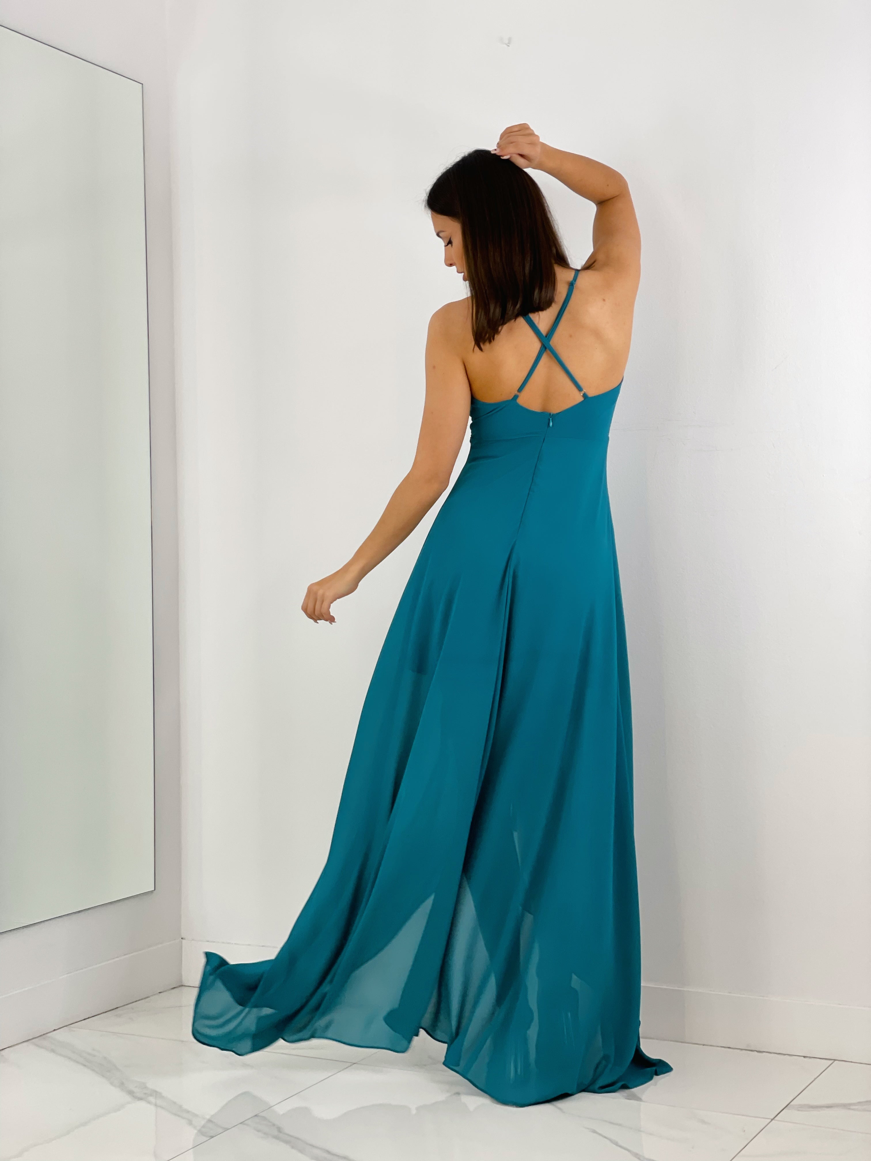 Vestido de ceremonia de escote cruzado y espalda cruzada color petróleo | Zebra&Maduixa