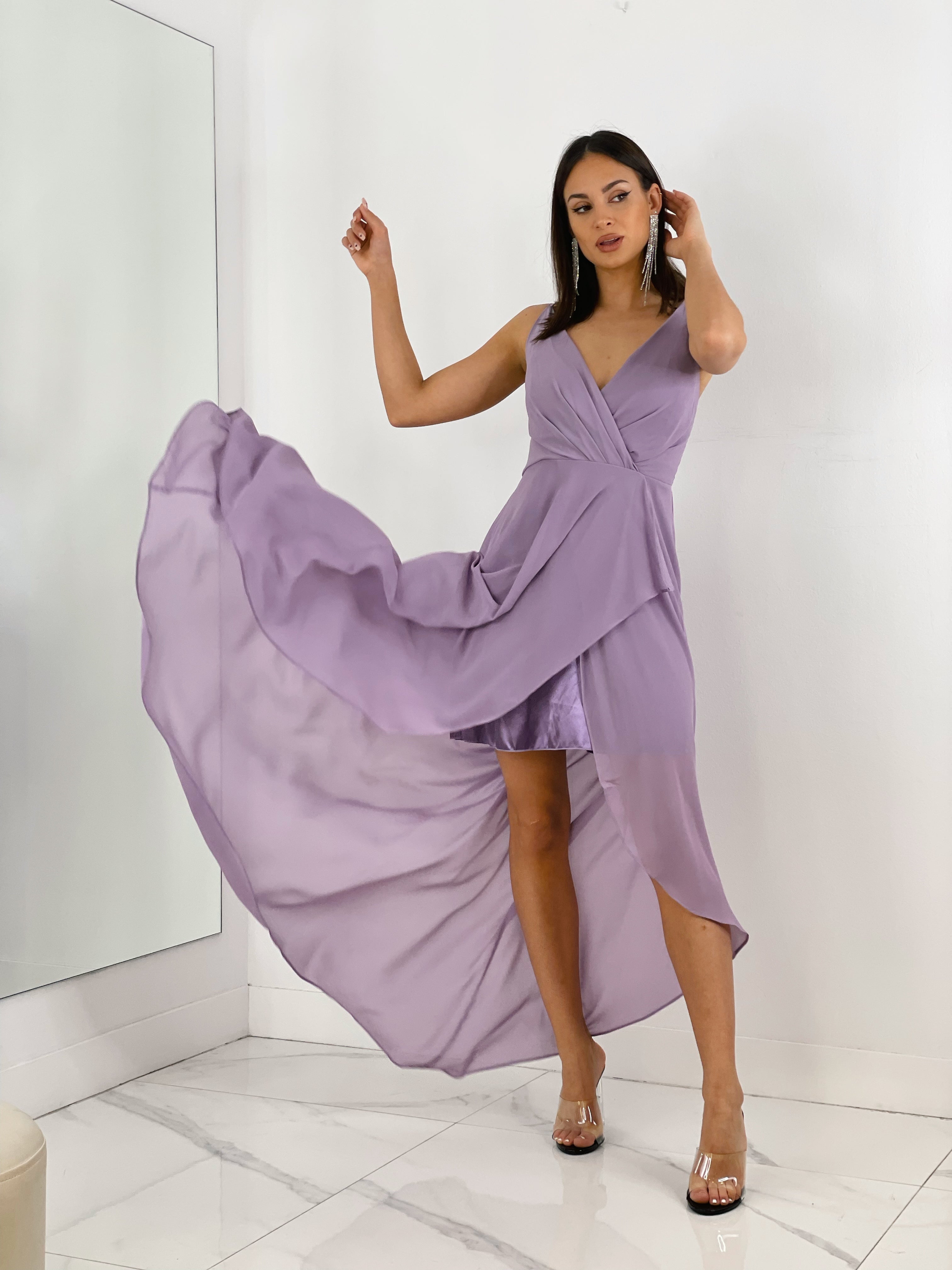 Vestido ceremonia con escote cruzado y fruncido en la parte trasera color malva | Zebra&Maduixa