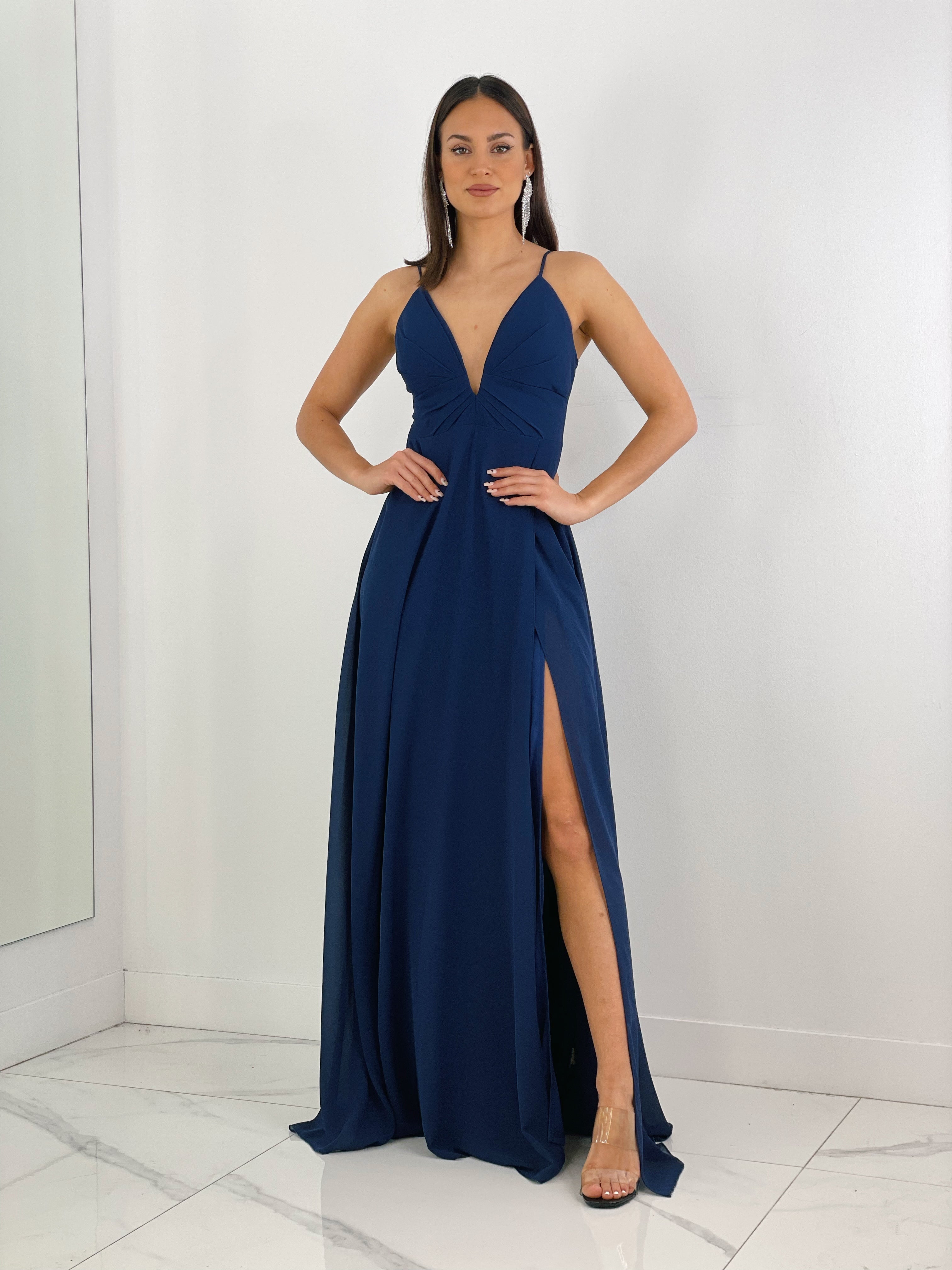 Vestido ceremonia escote v con corte azul marino | Zebra&Maduixa