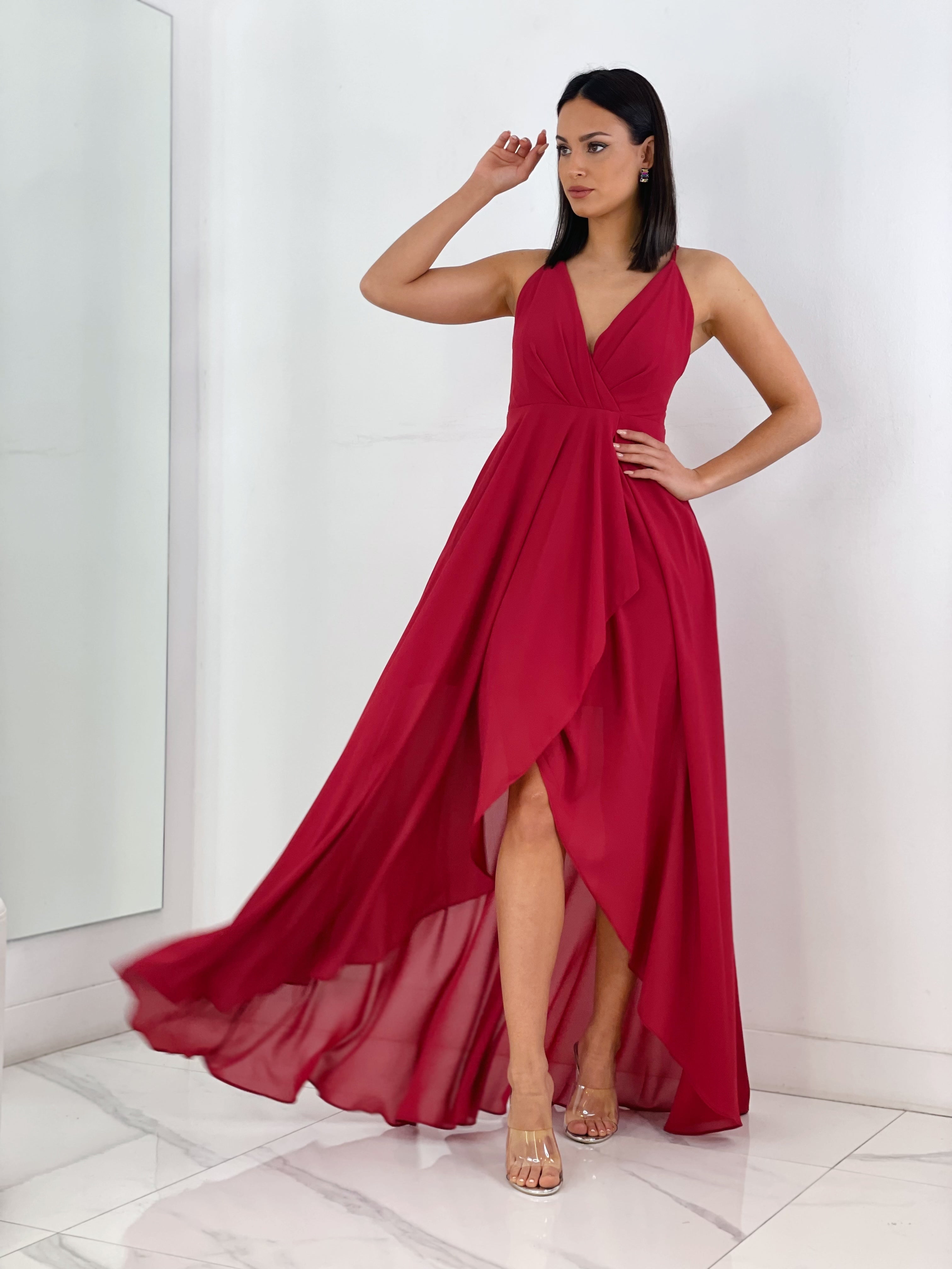 Vestido ceremonia con escote cruzado y fruncido en la parte trasera color cereza | Zebra&Maduixa