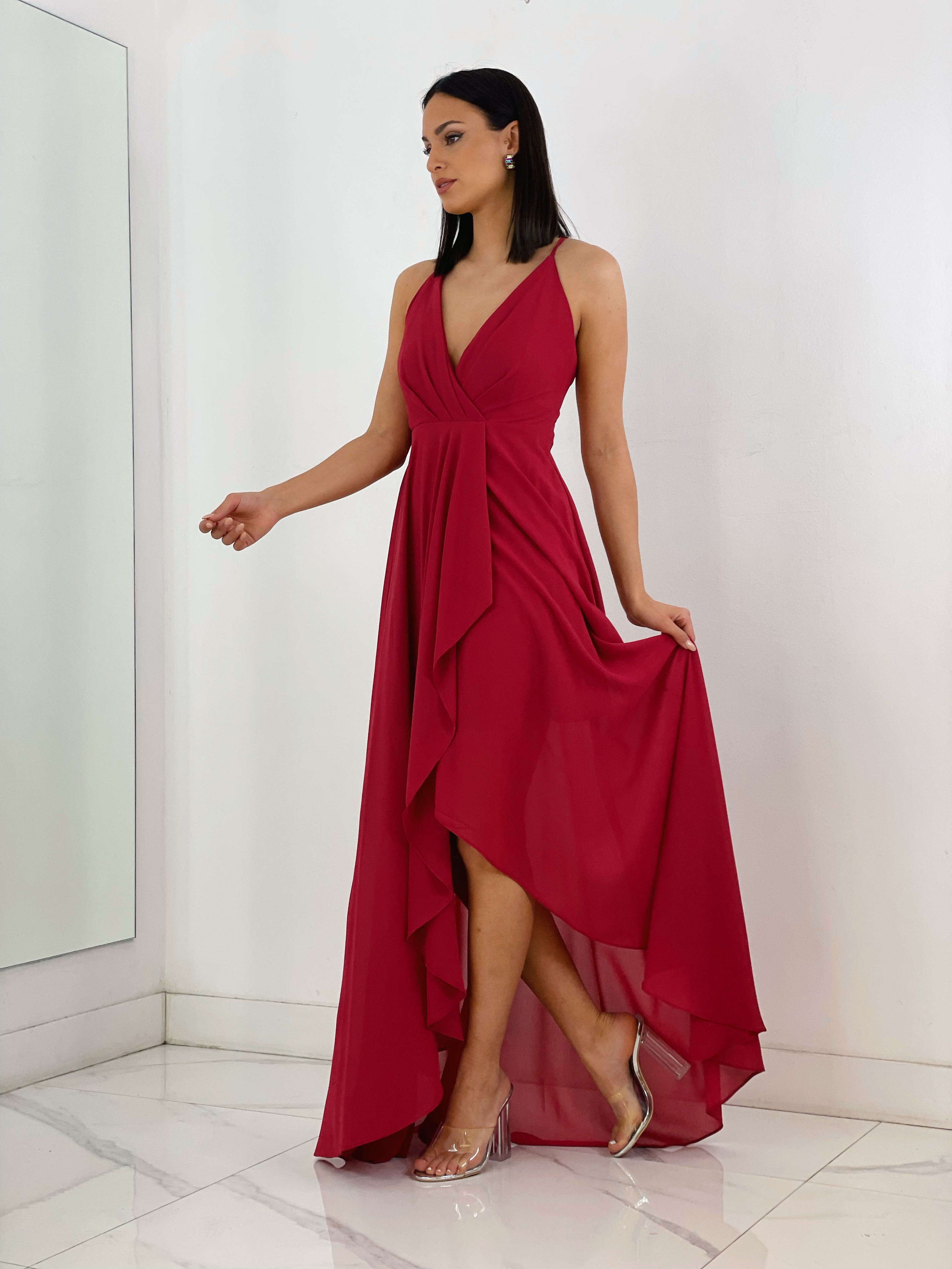 Vestido ceremonia con escote cruzado y fruncido en la parte trasera color cereza | Zebra&Maduixa