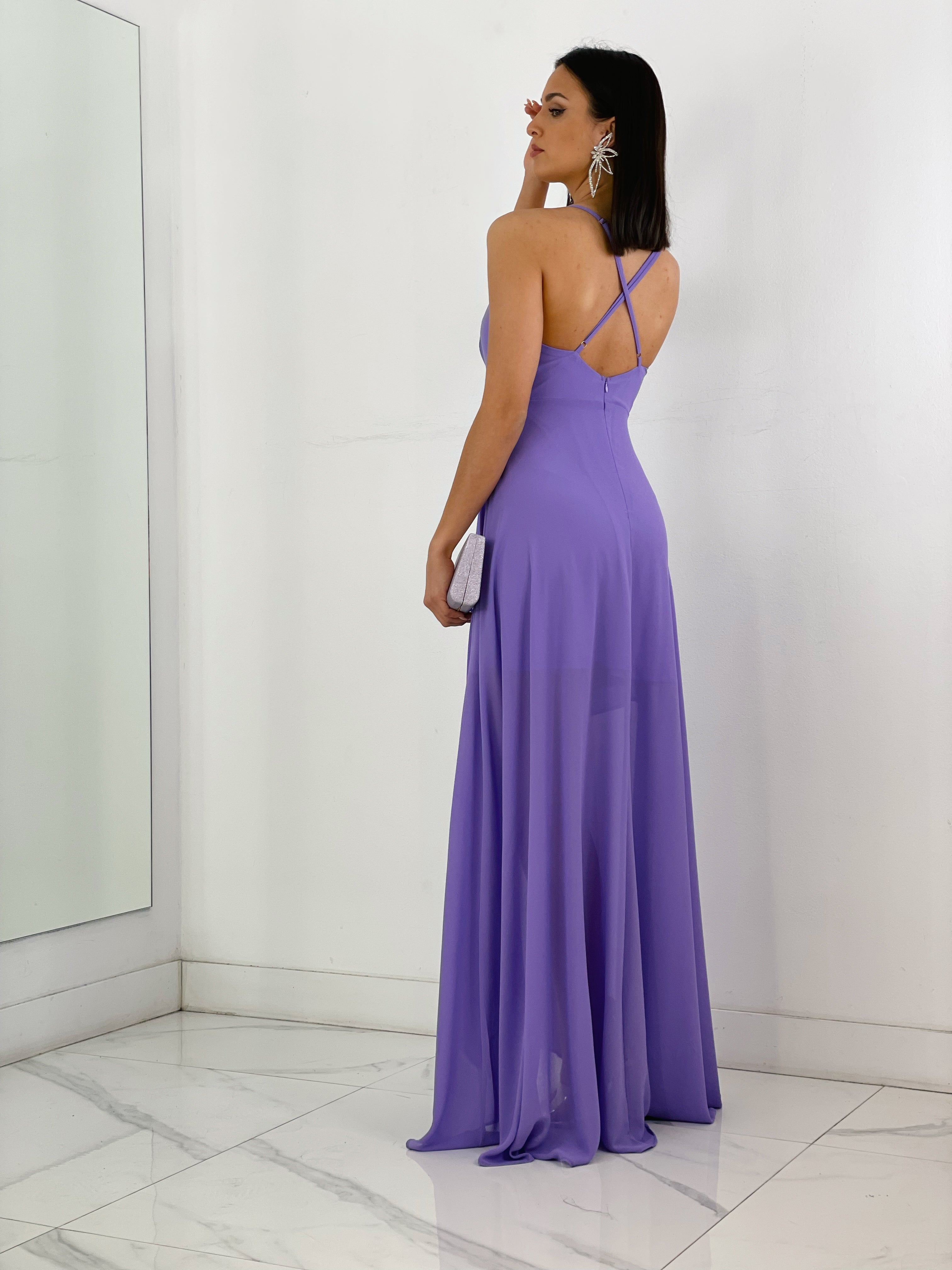 Vestido de ceremonia de escote cruzado y espalda cruzada color lila | Zebra&Maduixa