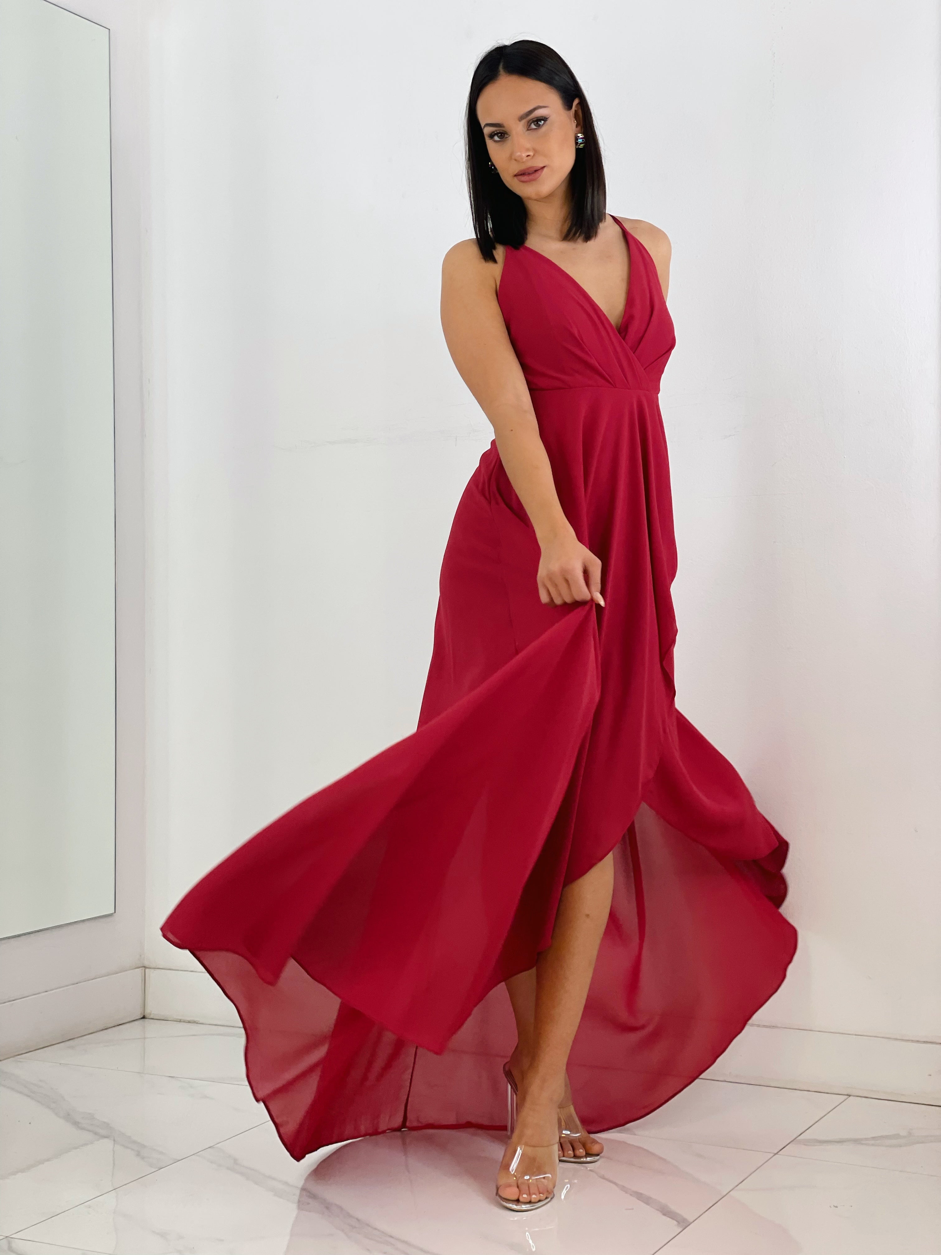 Vestido de ceremonia de escote cruzado y espalda cruzada color cereza | Zebra&Maduixa