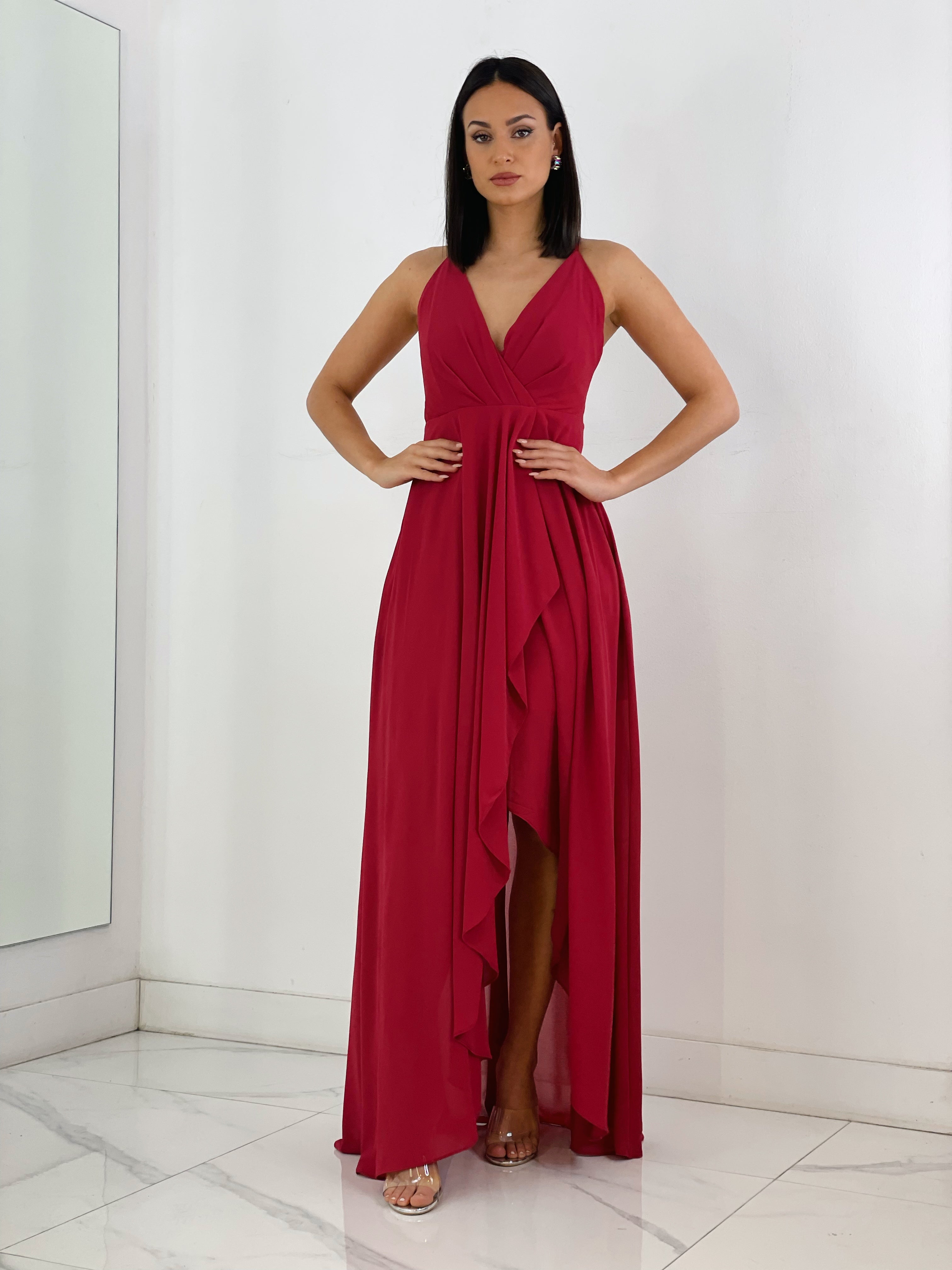 Vestido ceremonia con escote cruzado y fruncido en la parte trasera color cereza | Zebra&Maduixa