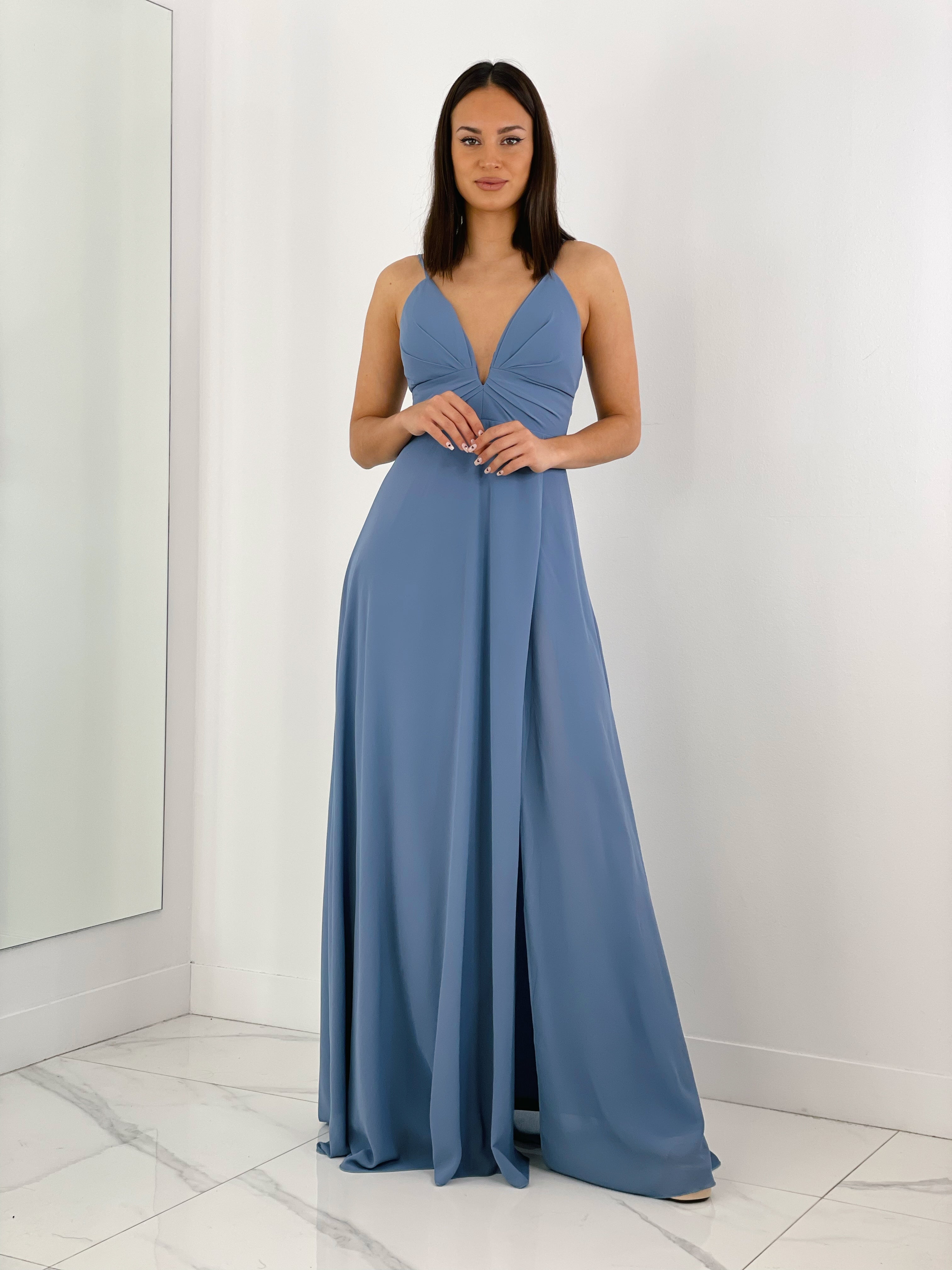 Vestido ceremonia escote v con corte azul grisáceo | Zebra&Maduixa