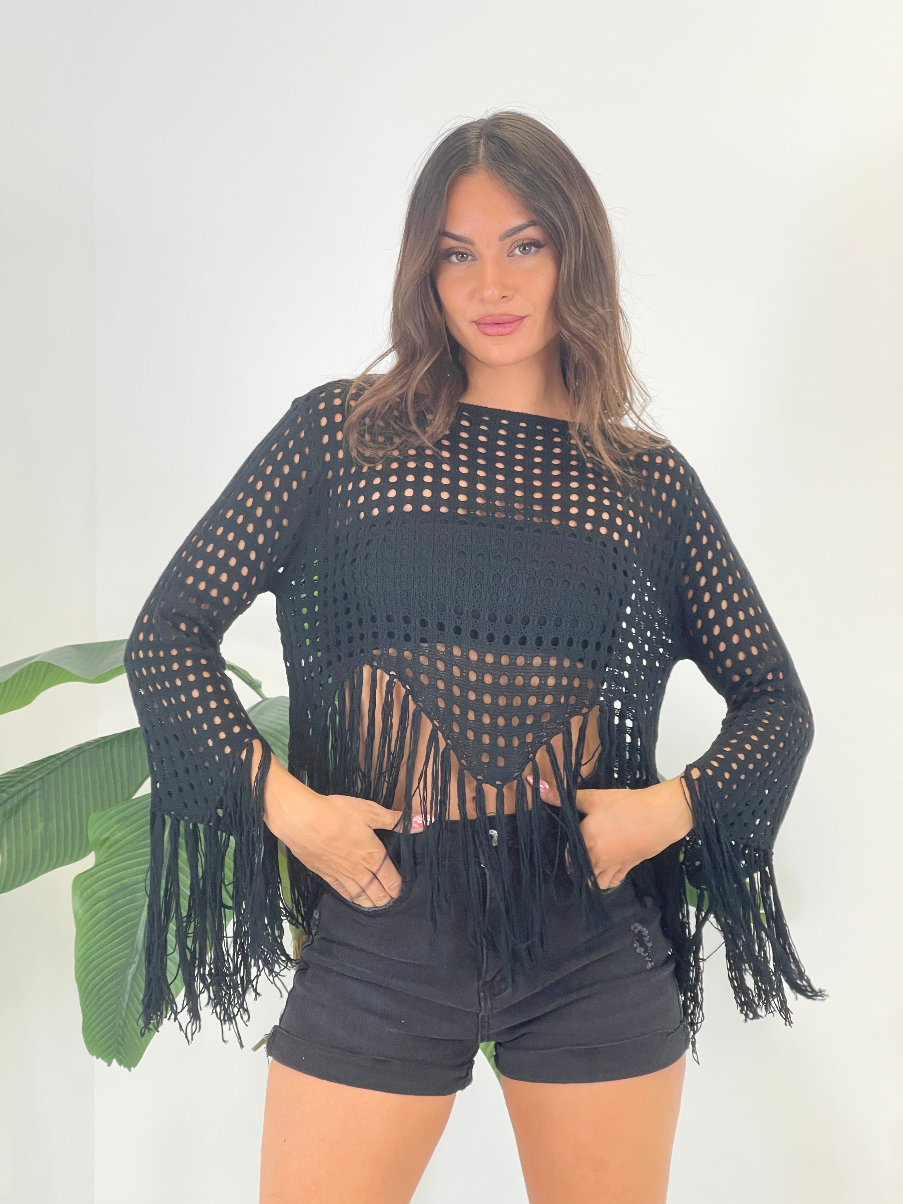 Phuket long-sleeved fringed top