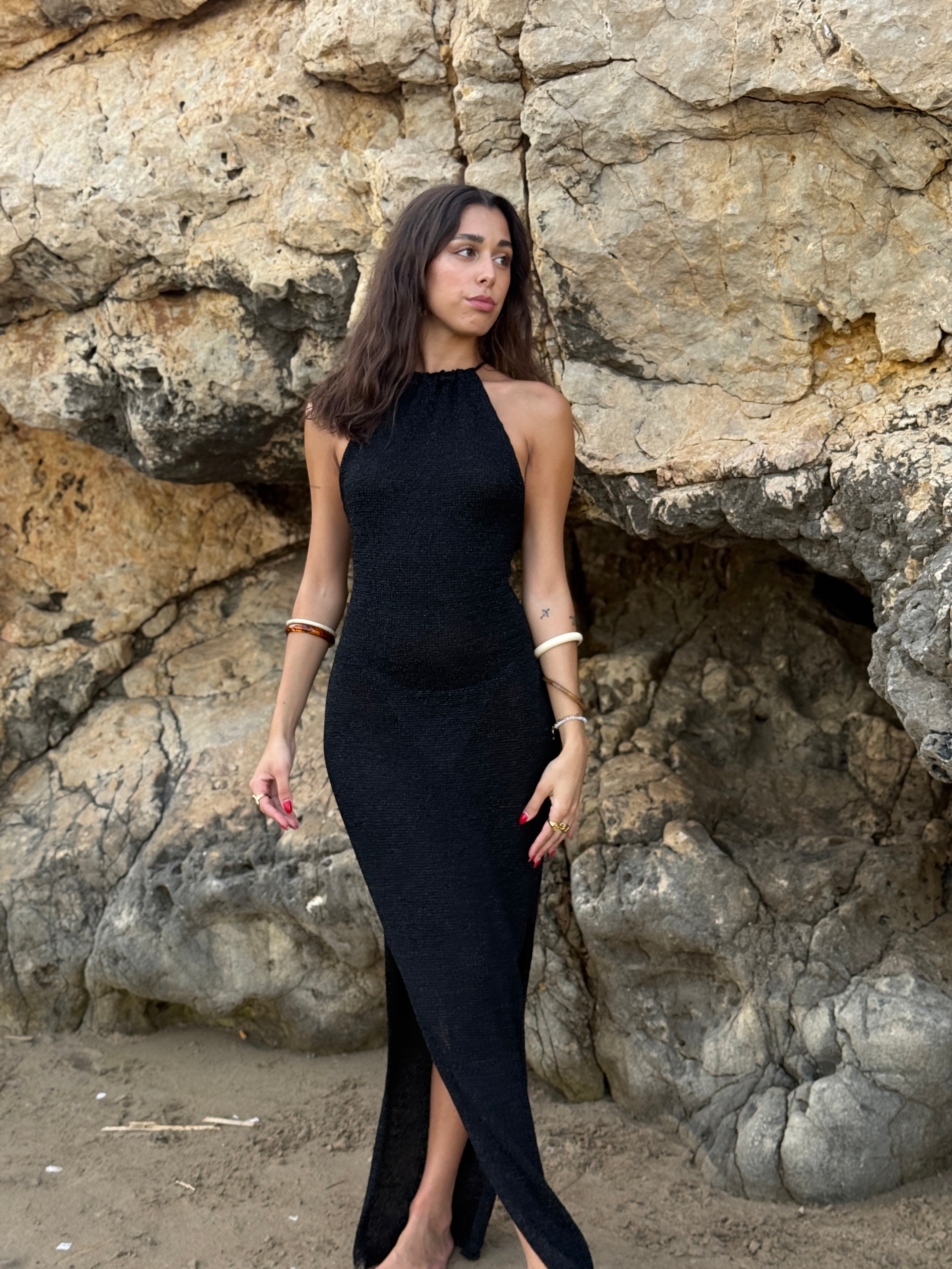 Vestido punto croché Lurex halter