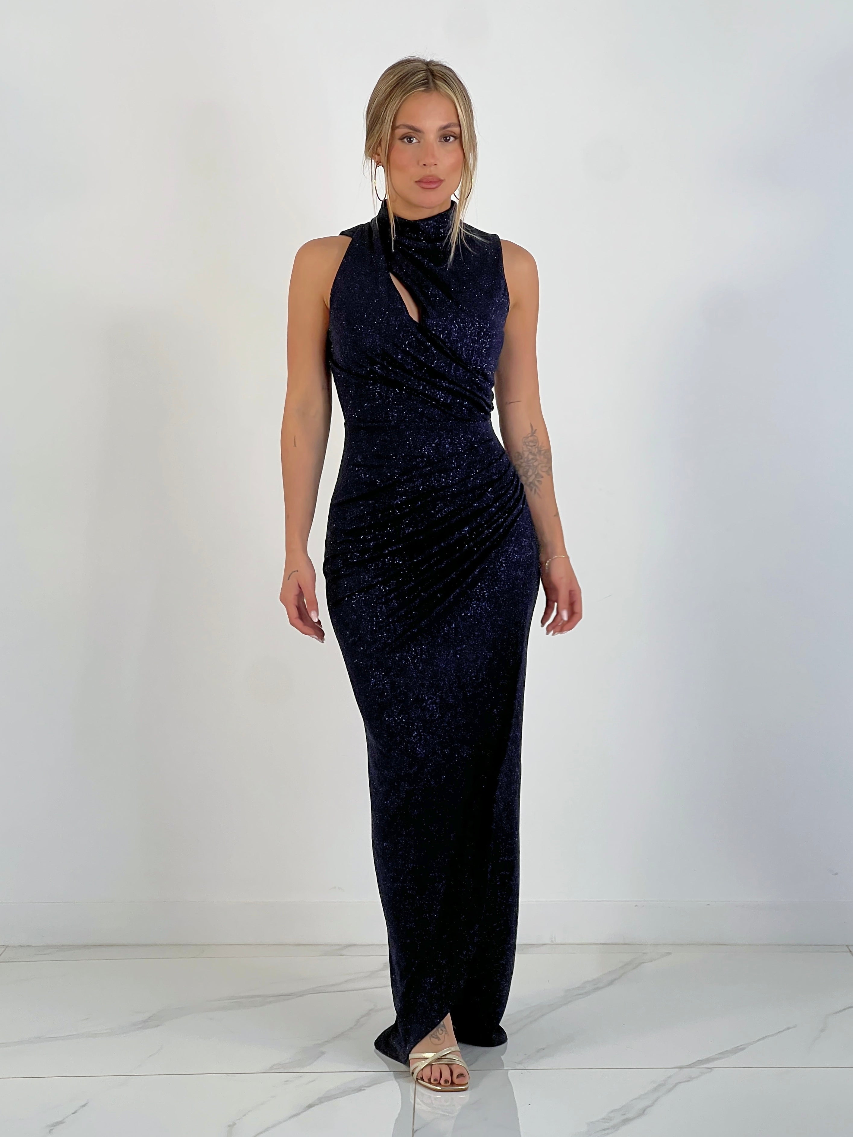 Vestido midi cruzado glitter