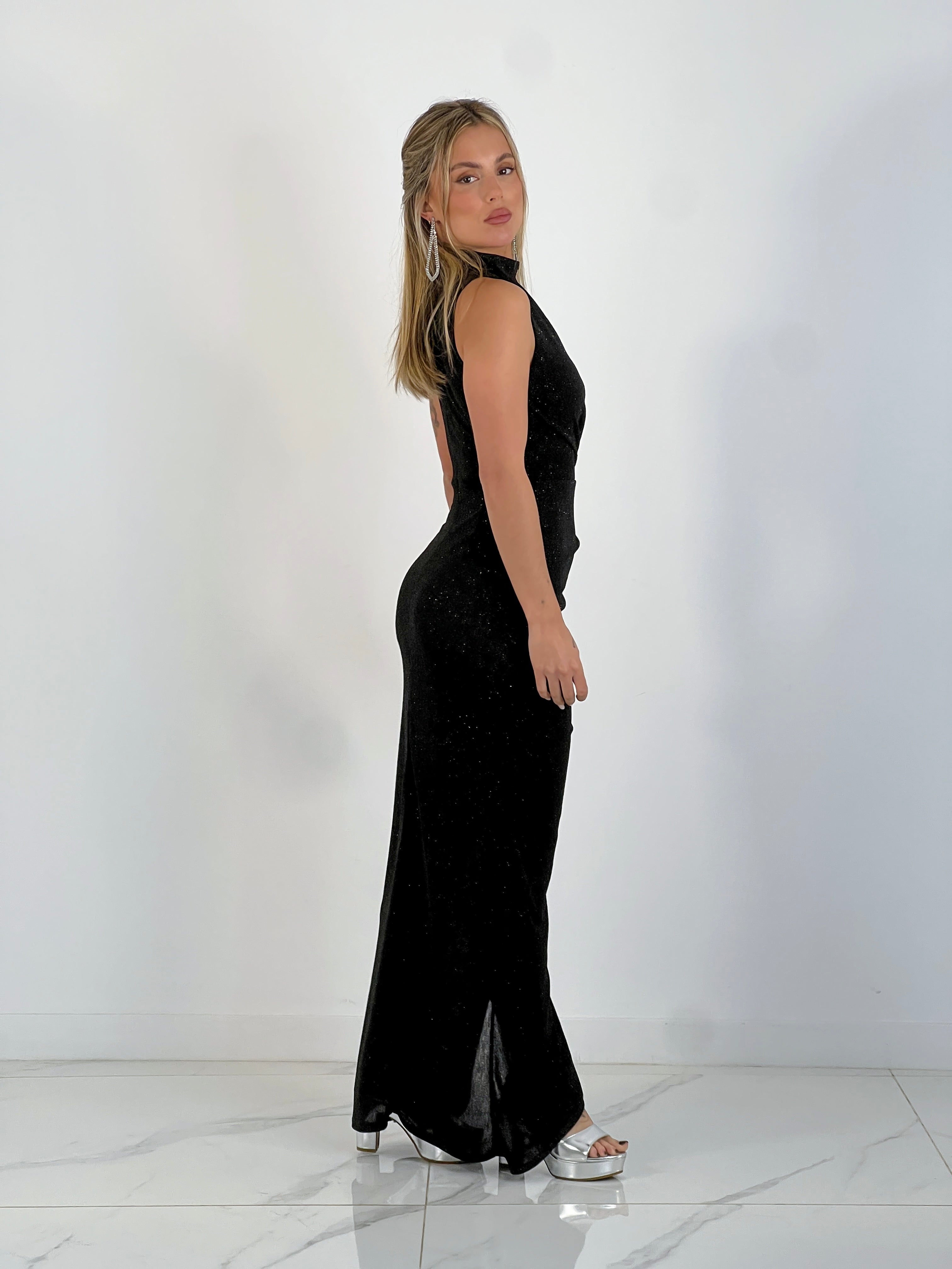 Vestido midi cruzado glitter