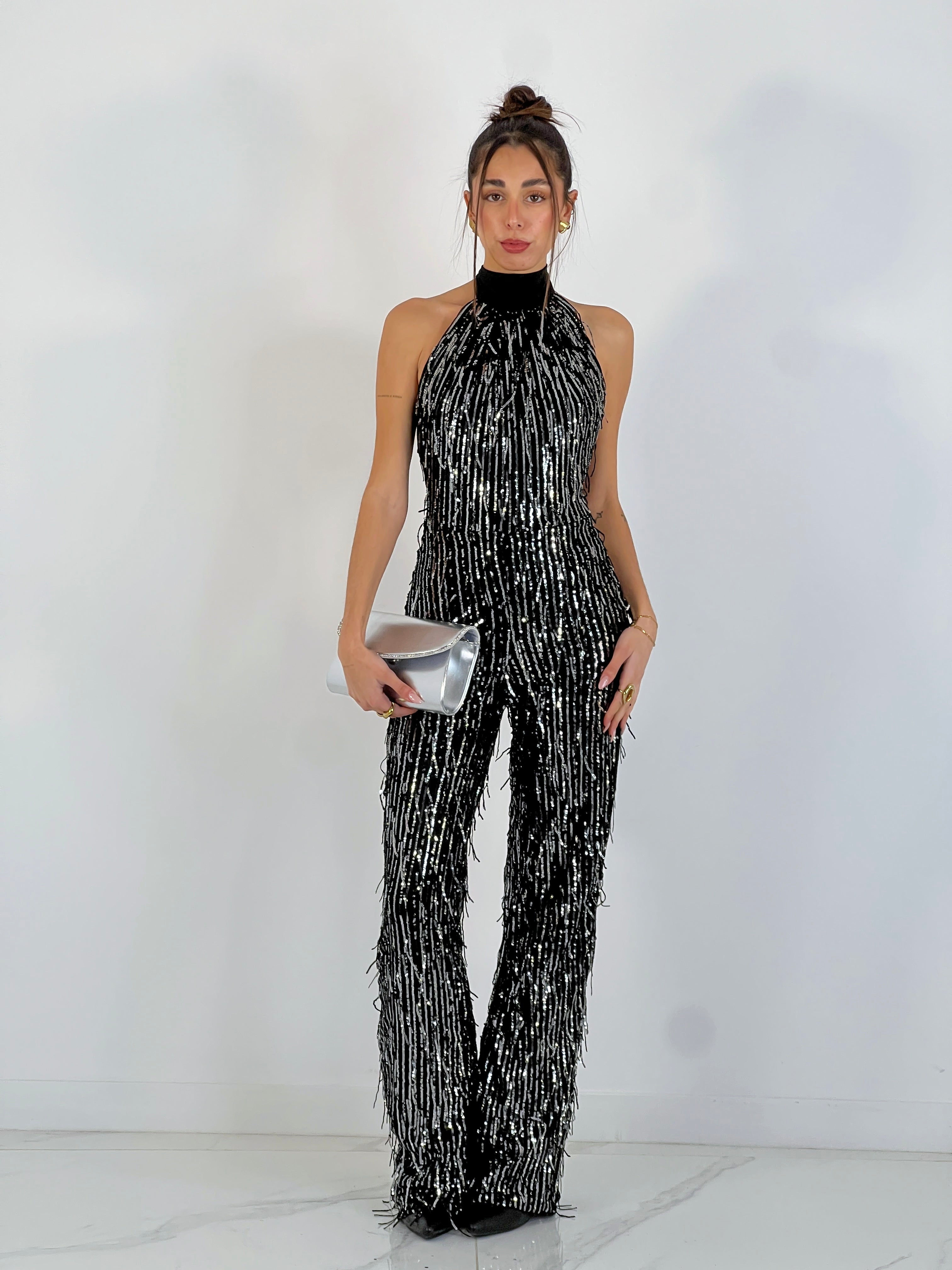 Mono halter flecos lentejuelas